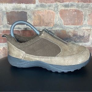 LL Bean Brown Zip Loafers Women's Size 6 Shoes Quilted Fleece Suede Slip-Ons